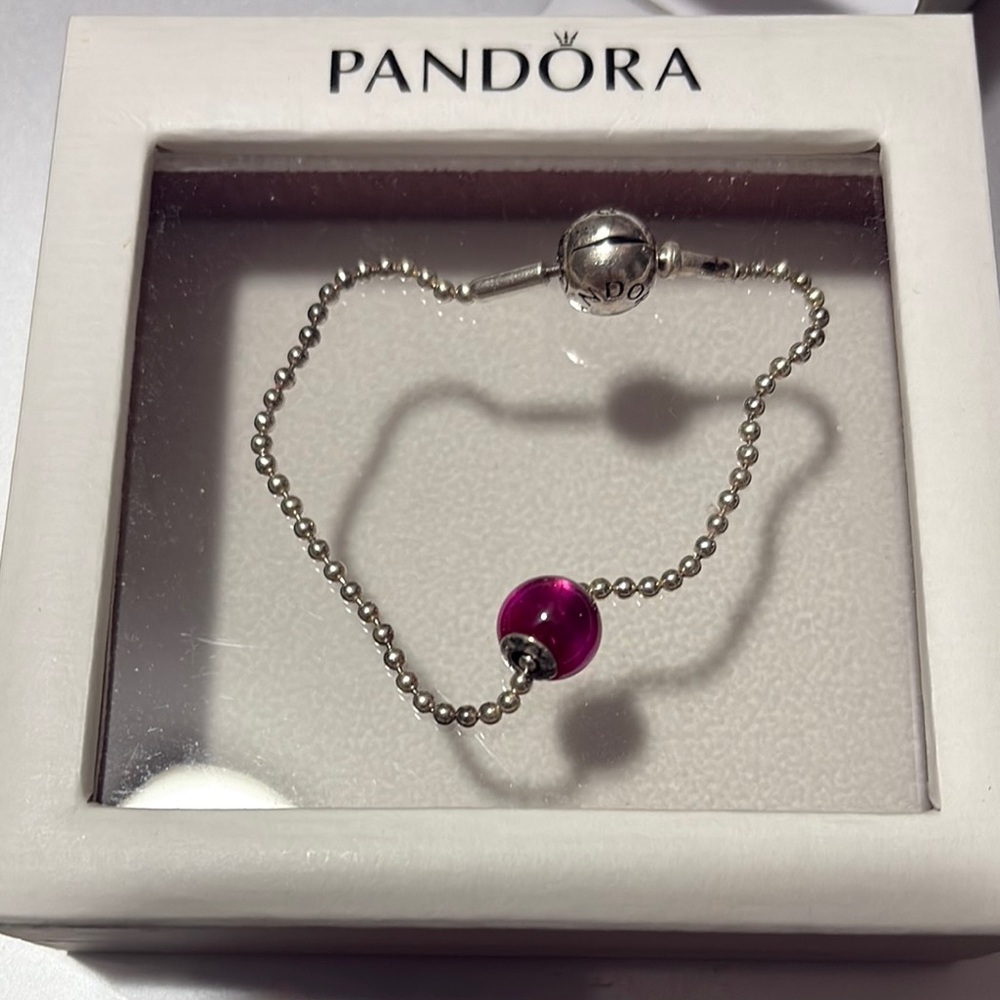 Pandora Silver Bracelet with Deep Pink Charm